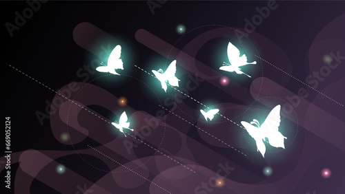 Abstract Dark Background With Butterflies Insects Glow Light Shine Flashes Vector Design Style