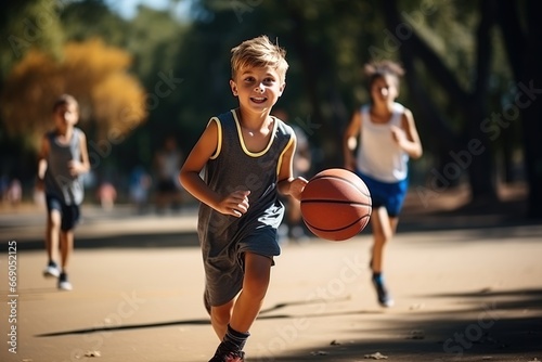 boys playing basketball outside photo