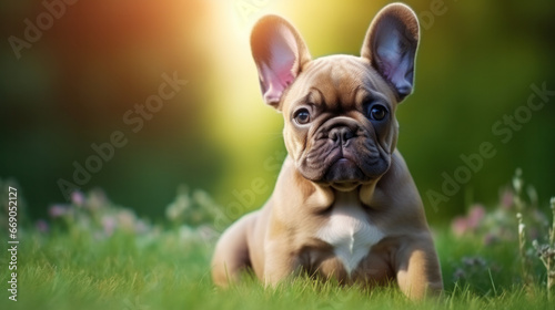 Funny french bulldog puppy on the grass