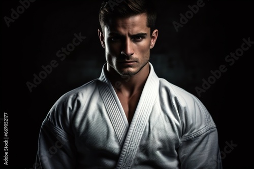 man in white kimono on black background