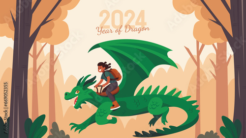 2024 Chinese New Year Green Dragon Vector Illustration Featuring a Green Dragon and People Engaged in Various Activities Perfect for Greeting Cards  Posters  Banners and more.