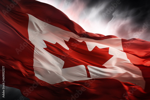 AI Generated Image. Stunning Canadian flag flowing with the wind against a dramatic moody sky photo