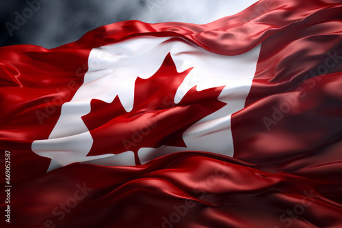 AI Generated Image. Stunning Canadian flag flowing with the wind against a dramatic moody sky