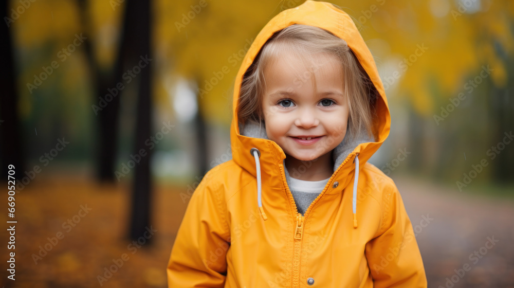 happy small girl with yellow raincoat on park in autumn happy small girl with yellow raincoat on park in autumn