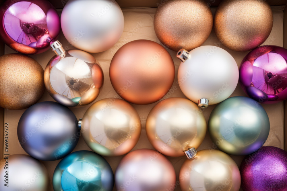AI generative images. Christmas baubles in a cardboard box AI generative images. Christmas baubles in a cardboard box