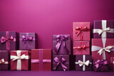 AI generative images. Purple Christmas giftboxes with ribbons and bows next to the magenta wall