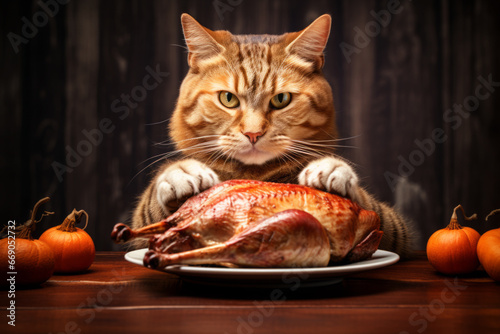 AI generative images. Cute cat sitting at the table and eating roasted turkey. Thanksgiving concept