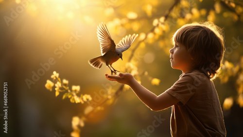 child with bird on hands. trust concept photo