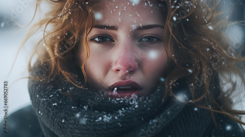 Woman on winter blowing nose Generative Ai