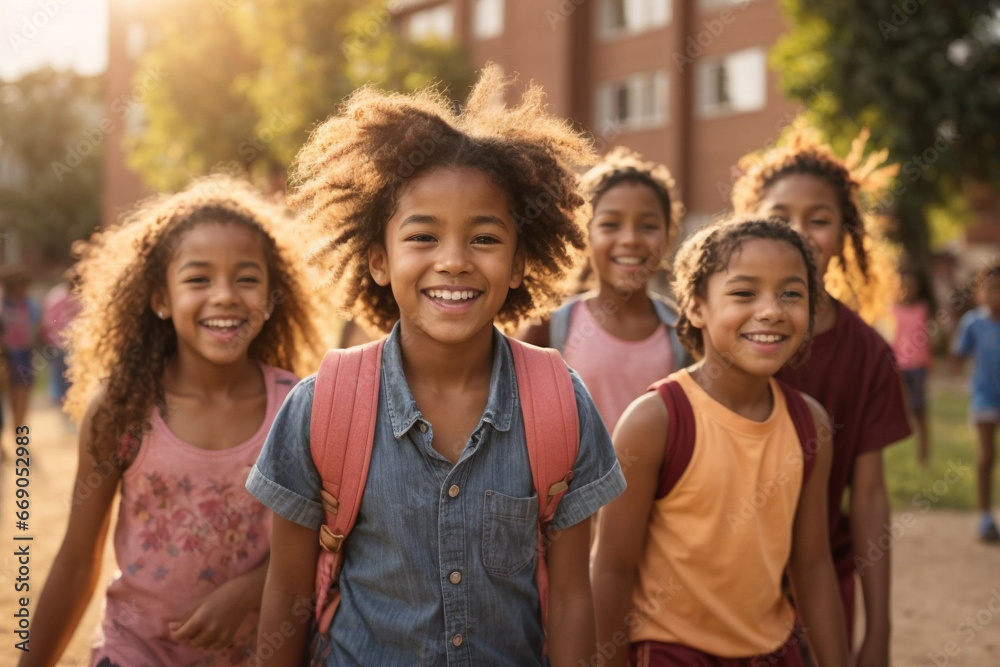 Portrait Of Multi-Cultural Children Hanging Out With Friends at sunset, Diversity concept