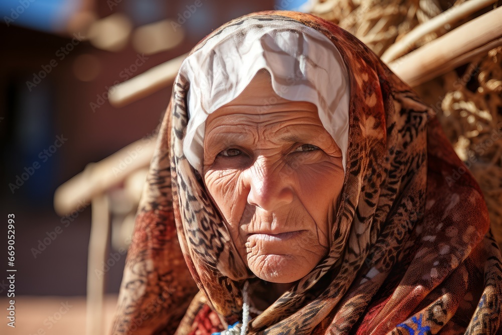 Traditional Old arab village old woman. History town. Generate Ai