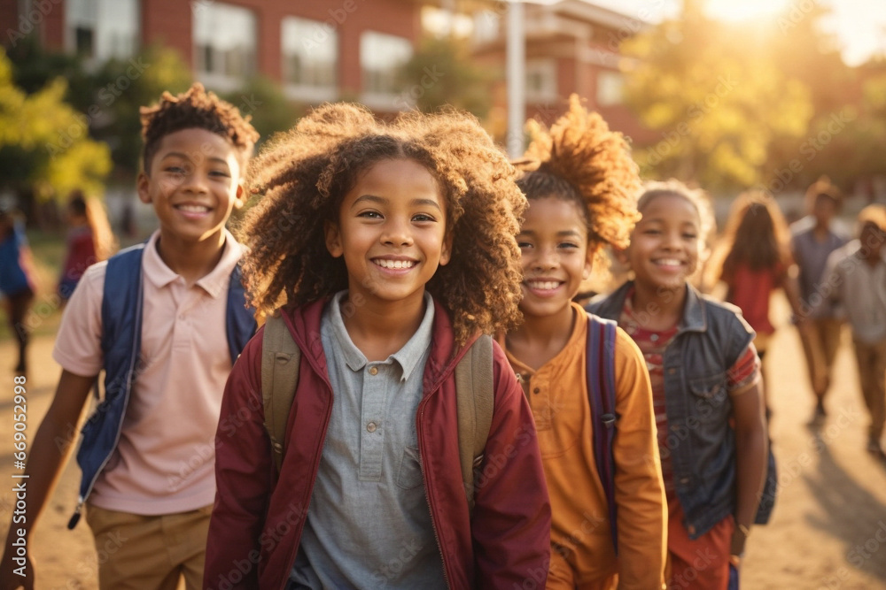 Portrait Of Multi-Cultural Children Hanging Out With Friends at sunset, Diversity concept Portrait Of Multi-Cultural Children Hanging Out With Friends at sunset, Diversity concept