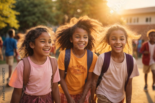 Portrait Of Multi-Cultural Children Hanging Out With Friends at sunset, Diversity concept