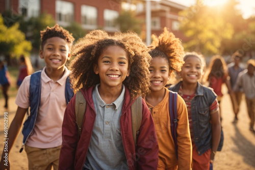 Portrait Of Multi-Cultural Children Hanging Out With Friends at sunset, Diversity concept