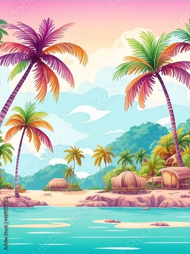 Cartoon beach and palms landscape. AI generated illustration