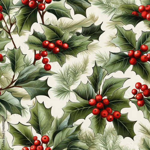 Berries and Holly Leaves Watercolor Repeat Pattern