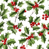 Berries and Holly Leaves Watercolor Repeat Pattern