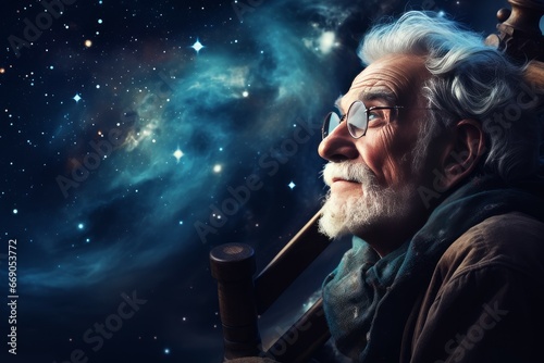 Astronomer old man starry sky night. Astrology dark. Generate Ai