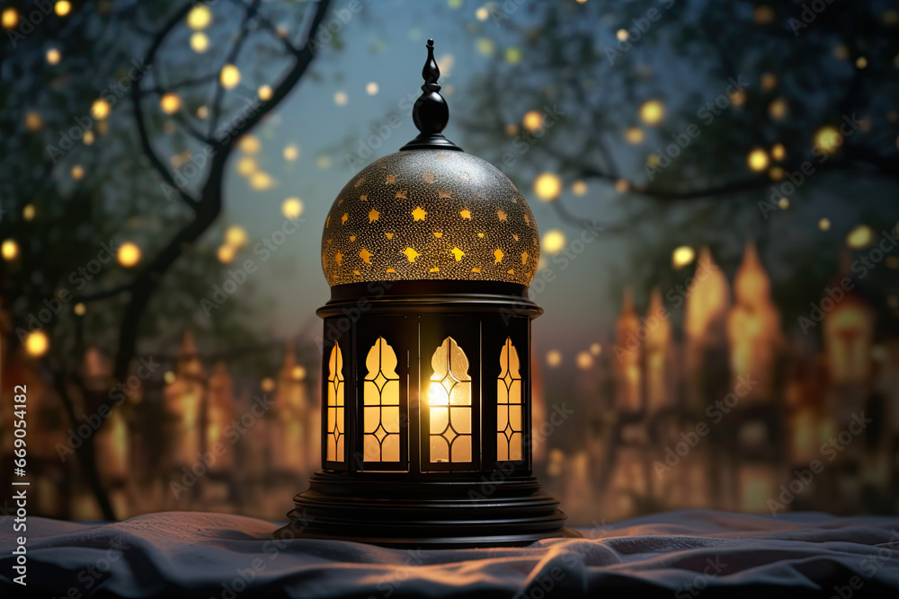 ramadan kareem greeting. mosque light lantern with moon ramadan kareem greeting. mosque light lantern with moon