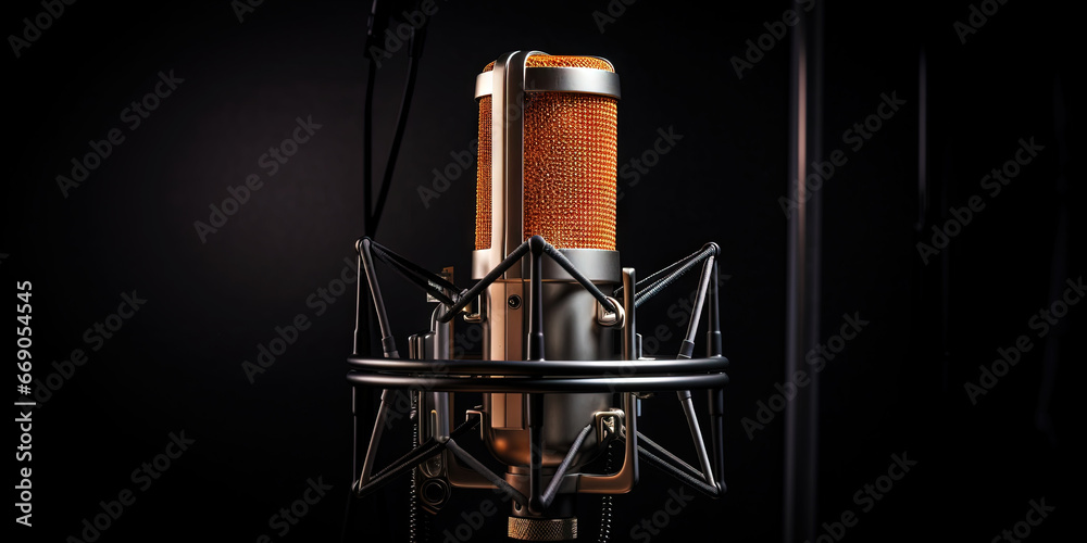 Closeup of professional microphone with dark uniform backdrop. Generative AI
