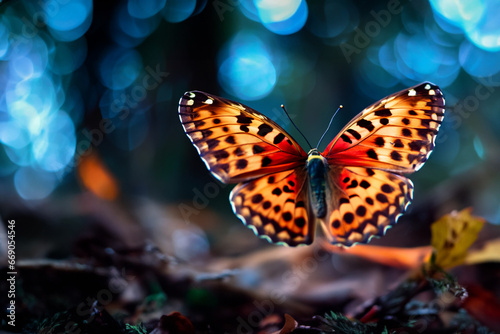 Schmetterling als Makroaufnahme im Flug orange leuchtend vor einem unscharfen Hintergrund aus dunklen Wald. Tiere und Insekten des Sommers in einer nat  rlichen gesunden Umgebung.  