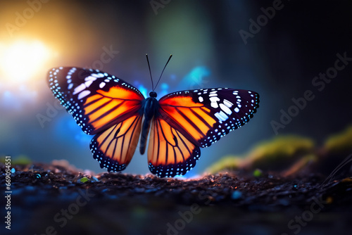 Schmetterling als Makroaufnahme im Flug orange leuchtend vor einem unscharfen Hintergrund aus dunklen Wald. Tiere und Insekten des Sommers in einer natürlichen gesunden Umgebung. 