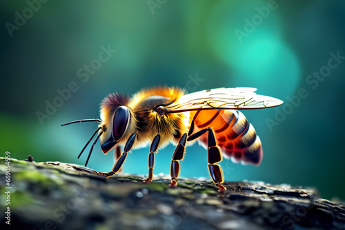 Biene als Makroaufnahme orange leuchtend vor einem unscharfen Hintergrund aus grünen Wald oder Garten. Honig Sammlerin und Schwarmtier, Insekt des Sommers in einer natürlichen gesunden Umgebung. 