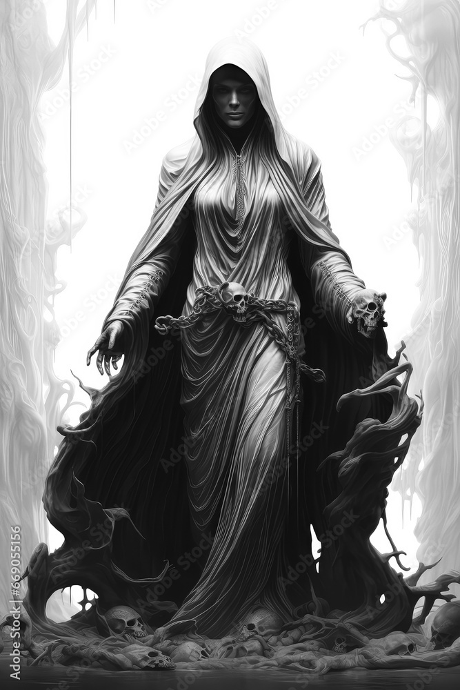 A Monochromatic Poster Illustration Depicting the Menacing Interplay of an Evil Demon, Ghost, and the Inevitability of Death - Generative AI A Monochromatic Poster Illustration Depicting the Menacing Interplay of an Evil Demon, Ghost, and the Inevitability of Death - Generative AI