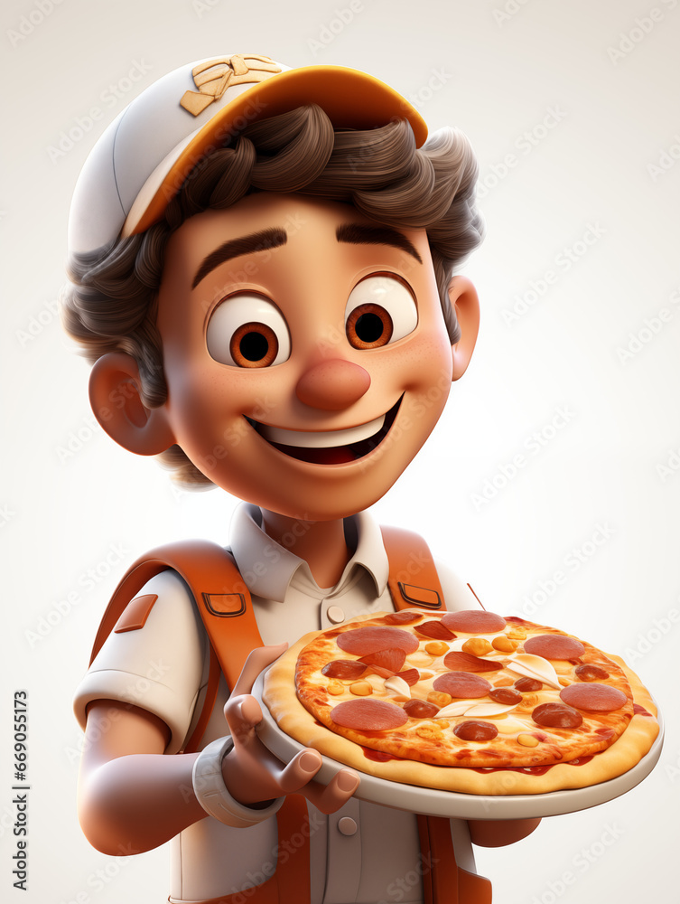 Lustiges Cartoon Männchen mit Capy präsentiert und überreicht lachend eine Pizza auf hellen Hintergrund, ai generativ Lustiges Cartoon Männchen mit Capy präsentiert und überreicht lachend eine Pizza auf hellen Hintergrund, ai generativ