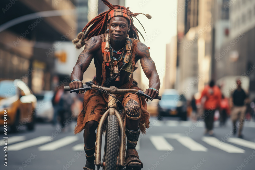 Himba tribe man riding bicycle on the street of New York City