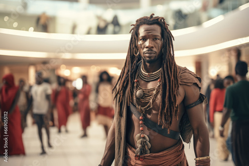 Himba tribe man in the shopping center. AI generative art