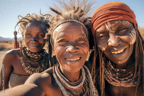 Group of senior Himba tribe woman taking selfie. AI generative art