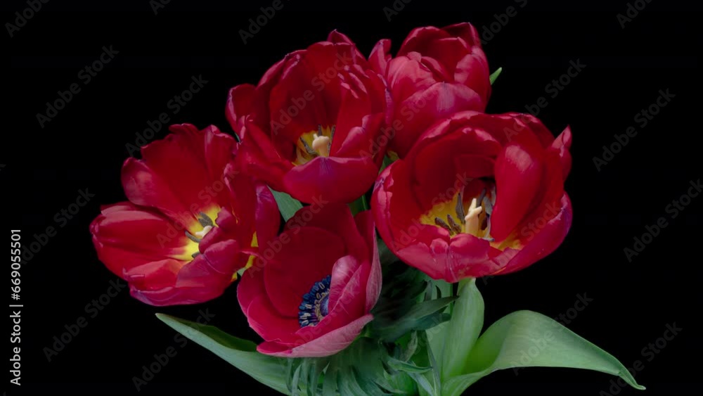 Timelapse of red tulip flowers blooming on black background. Easter, spring, valentine's day, holidays concept Timelapse of red tulip flowers blooming on black background. Easter, spring, valentine's day, holidays concept