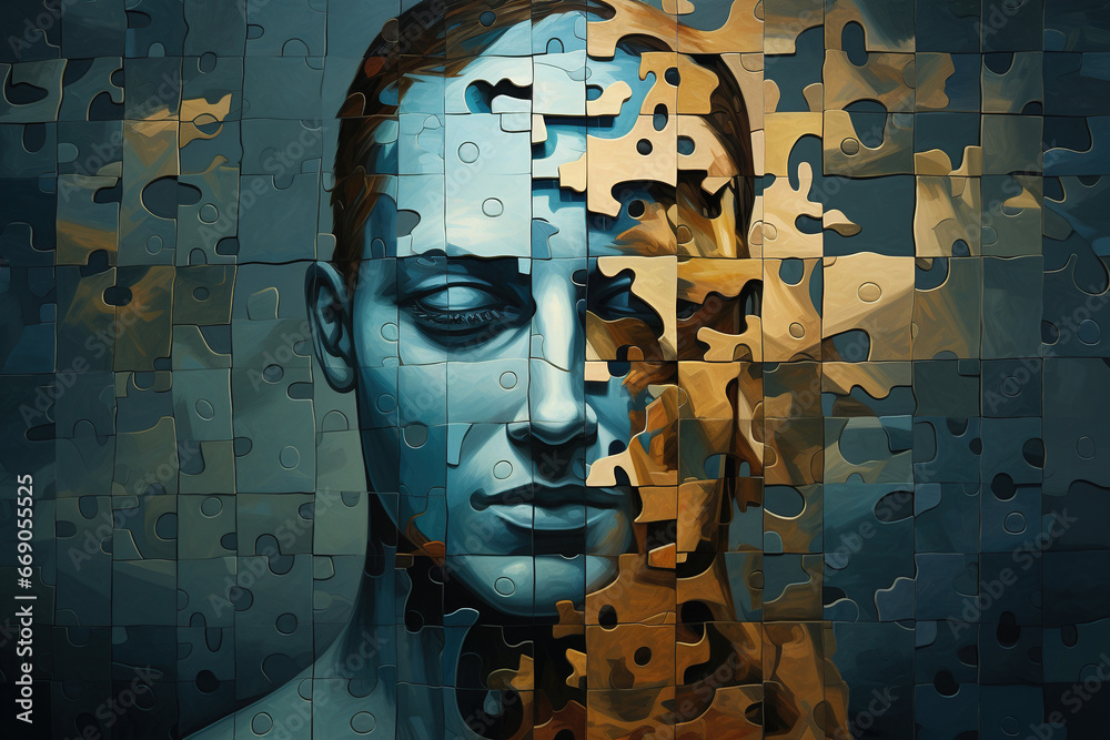 Mind, psychology, personality illustration concept. Portrait of a man with closed eyes puzzle - obrazy, fototapety, plakaty 