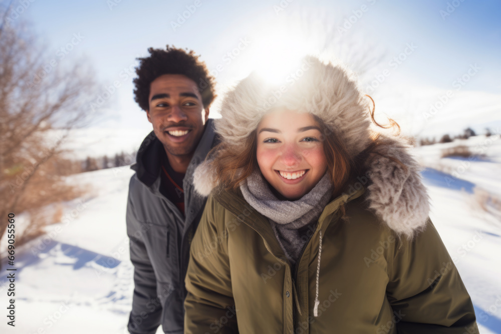 AI generative images. Young diverse couple enjoying and breezing frozen air in a winter landscape