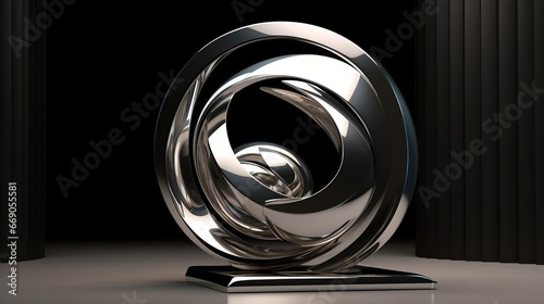 Decorative metal sculpture, polished steel plinth futuristic abstract metal sculpture, created with Generative AI technology.
