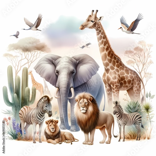 A serene watercolor scene featuring an array of safari animals including a majestic lion, a gentle elephant, a tall giraffe, and a striped zebra. 