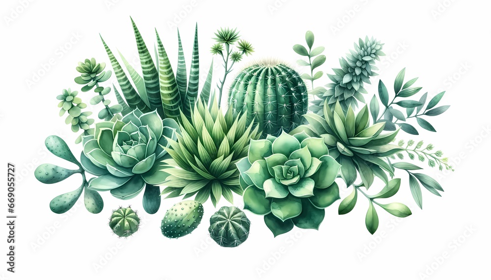 Beautiful watercolor of green plants including cacti, succulents, and leaves arranged in a detailed and vibrant illustration - obrazy, fototapety, plakaty 