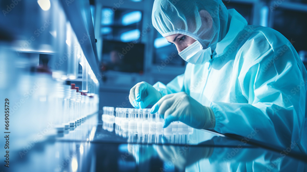 Medical staff checking vials on production lines Medical staff checking vials on production lines