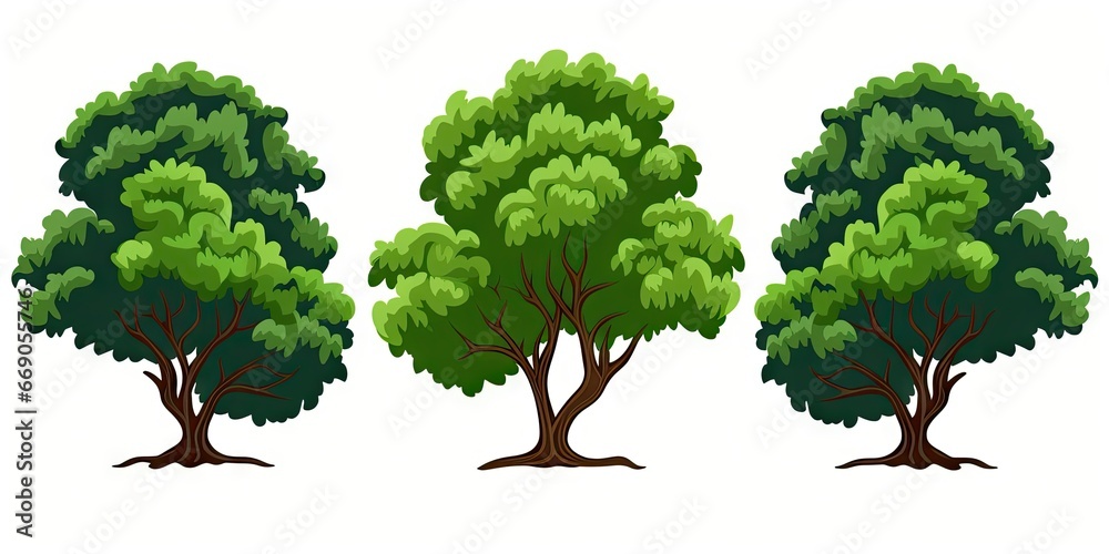 Fototapeta premium Nature symphony in green. Illustrative delights of tree on white background isolated. Forests and woodlands. Verdant collection for eco design showcase