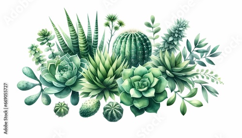 Beautiful watercolor of green plants including cacti, succulents, and leaves arranged in a detailed and vibrant illustration photo