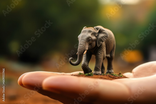 Human hand holding small elephant. AI generative art