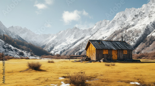 Simple old farmhouse with corral, in the sunlight autumn time with hi mountains on background