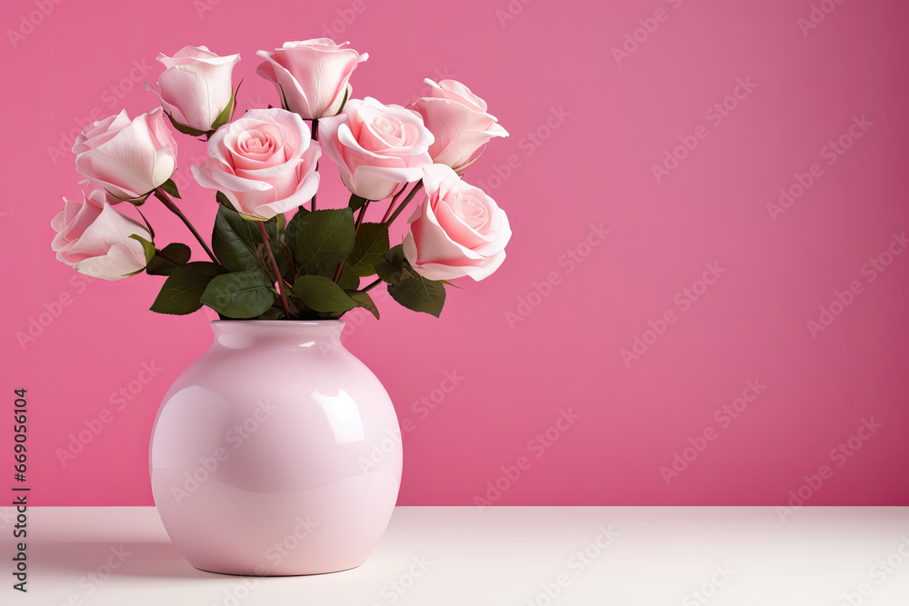 white vase with pink roses on the pink background