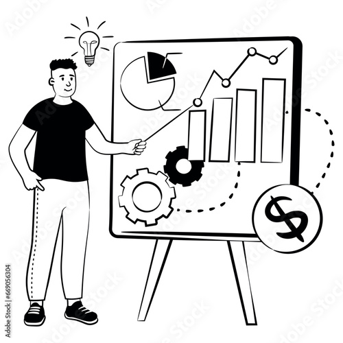 hand drawn vector image of man who shows new ideas for for business development