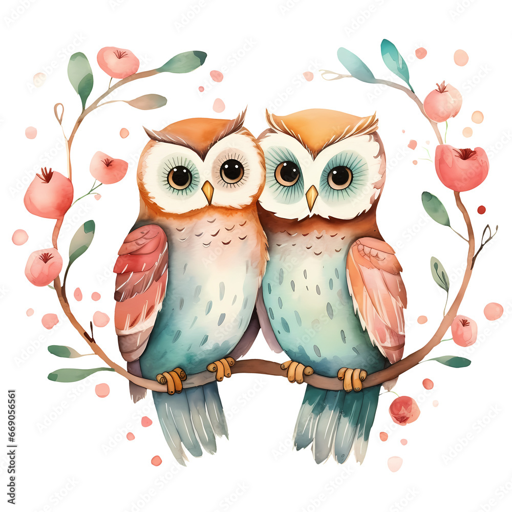 Fototapeta premium Watercolor Owls Sitting On Branch Valentine Clipart Illustration