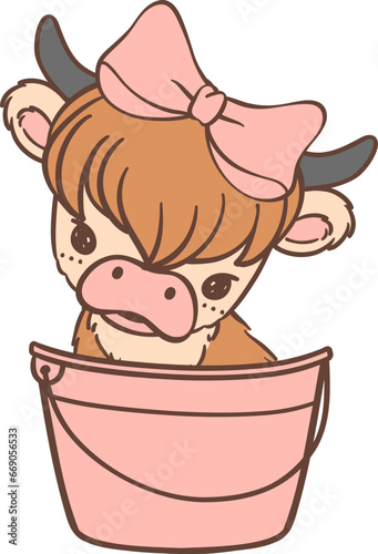 Baby Highland Cow with Bow in Bucket