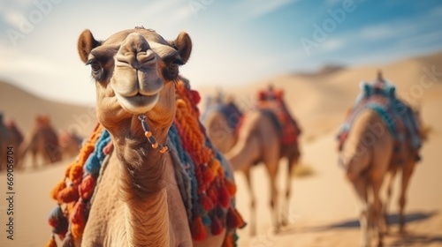 Camels in a traditional bright cape against the backdrop of the sand dune desert. Tourism warm countries