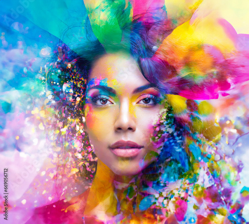 A woman vibrant and eccentric personality, captured in a colorful and abstract rendering