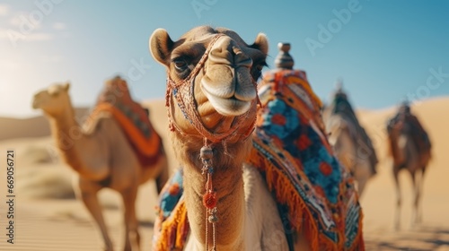 Camels in a traditional bright cape against the backdrop of the sand dune desert. Tourism warm countries